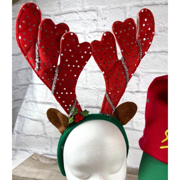 VTG 90s I Believe In Santa Claus Baseball Cap Red Reindeer Antler Headband Set - Picture 15 of 16